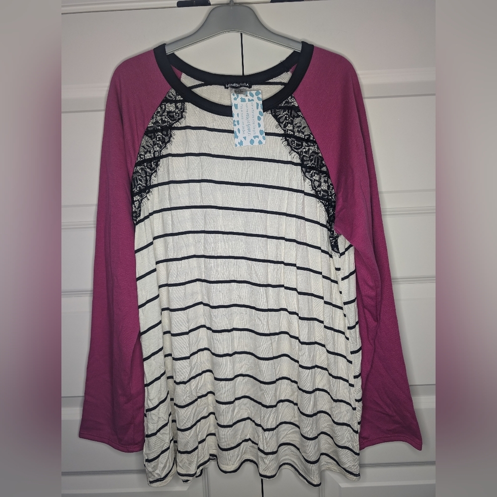 NWT Heimish USA 3XL Womens Long Sleeve Top Black Stripes/Lace with Pink Sleeves